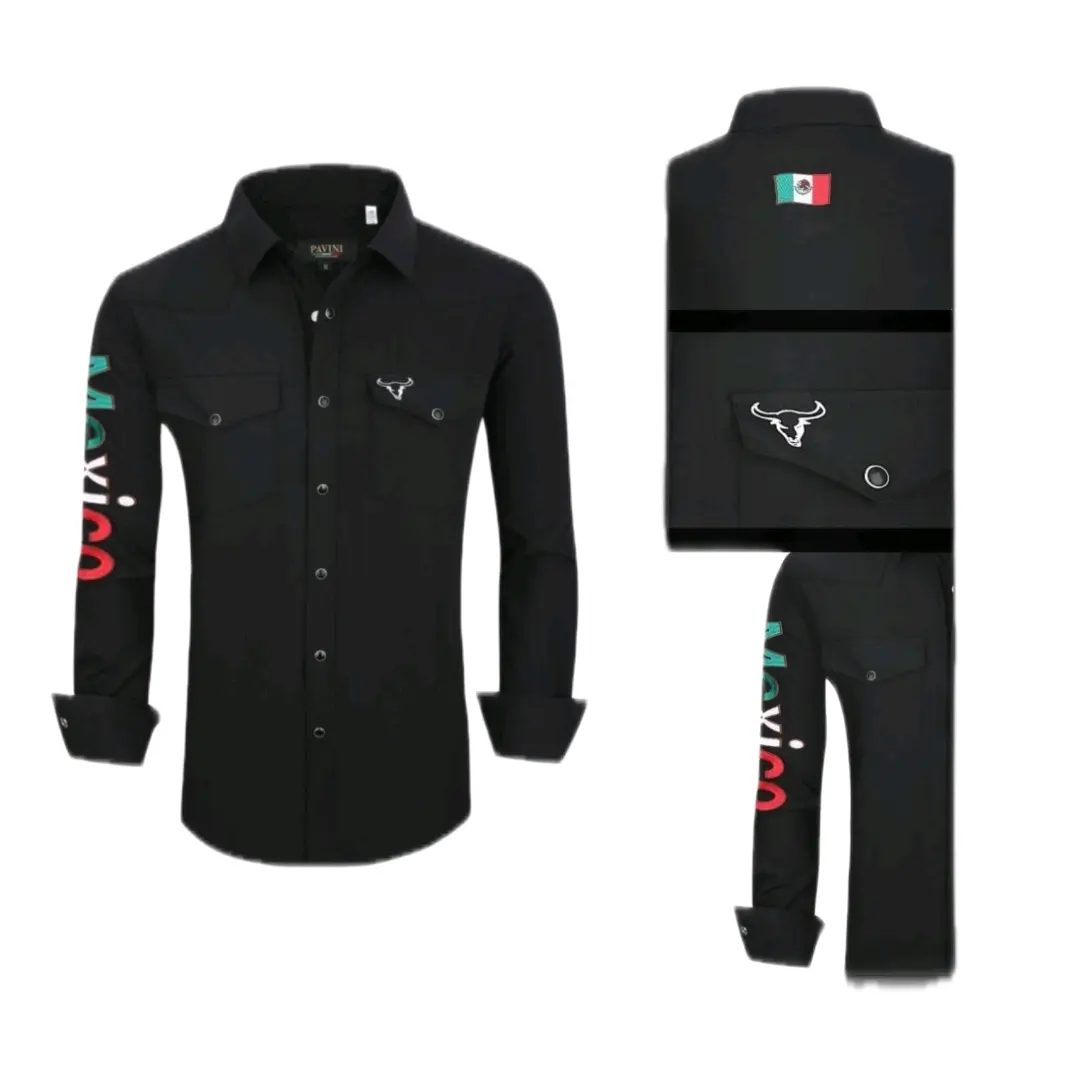Weatern Shirt Cowboy Menswear Top Beige Long Sleeve Mexican Flag