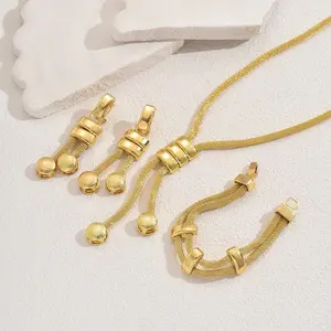 Gold Electroplated Geometric Jewelry Set for Women, Modern 3-Piece Alloy Ensemble with Long Statement Necklace & Tassel Earrings, Bold Shapes
