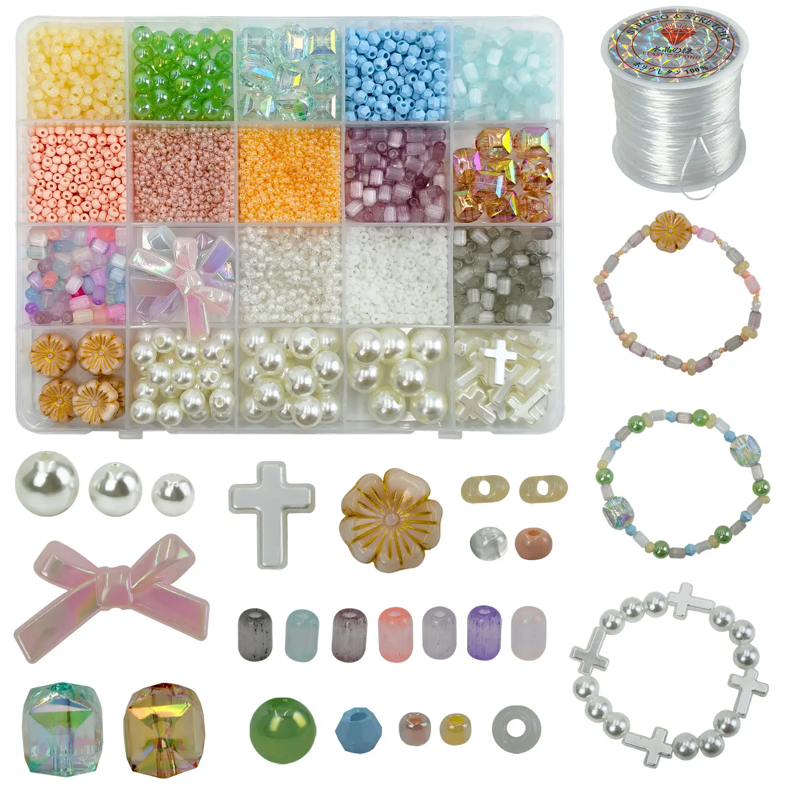 3990-Piece DIY Bracelet Decoration Set with Cross & Bow Crafts, Assorted Shapes, Round Glass & Acrylic Components, Plus Professional Beading Thread for Jewelry Making