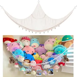 Stuffed Animal Storage Hammock, Corner Hanging Toy Organizer, Stuffed Animal Storage| Easy to Hang Plushie Net - Included Anchors & Hooks| for Toy Room, Nursery Bedroom & Home Decor (White)