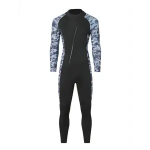 Men's Full-Body Neoprene Wet Suit, Cold-Proof, Long Sleeve with Zipper, 3mm Thick Insulation for Winter Swimming and Surfing, Black with Blue Camouflage Pattern Legs, Cold Water Protection|Zippered Swimsuit|Glossy Finish