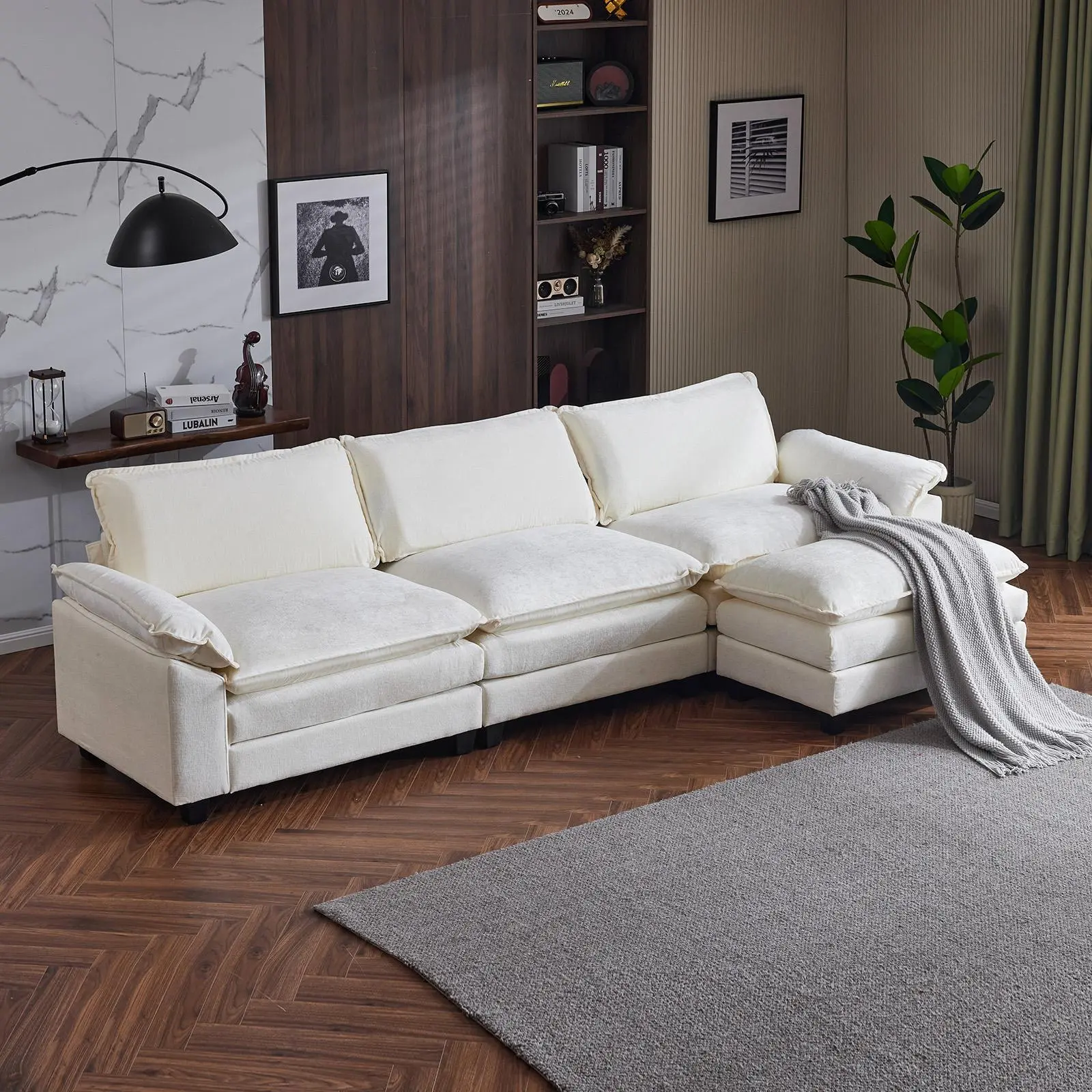 【Summervibes】Ubesgoo Sectional Sofa Modular Deep Seat Sofa Couch with Ottoman, Beige Chenille Sofa Sleeper Comfy Upholstered Furniture for Living Room, Apartment, Studio, Office