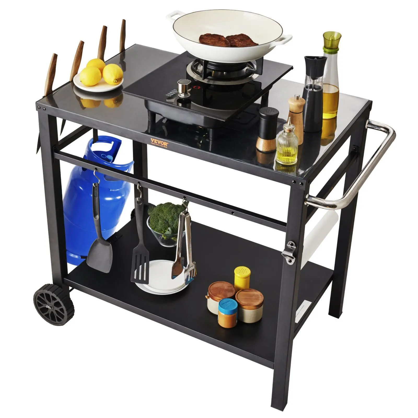VEVOR Outdoor Grill Dining Cart - 110 lbs Capacity Universal Iron Top Kitchen Prep Table with Double-Shelf Rack, 2-Wheel Movable PVC Portable Modular Worktable, Carry Handle, Pizza Oven Canister-Ready, Black, Sturdy, Double Shelves, Campfire#BacktoSchool
