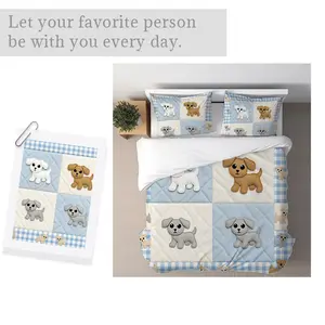 Cute Puppy - Themed Duvet Cover Set, Mixed Color Pattern, Multiple Specifications Available, Soft Fabric for Comfort, Playful Design with Blue & White Gingham Background, Ideal for Bedroom Decoration, Adds a Fun Touch to Your Bedding