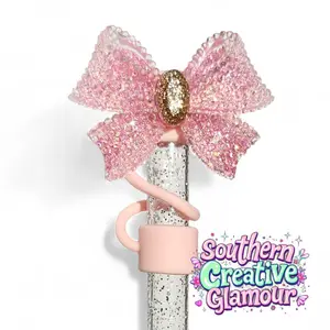 Glitter Ribbon Bow Straw Topper - Blush Pink