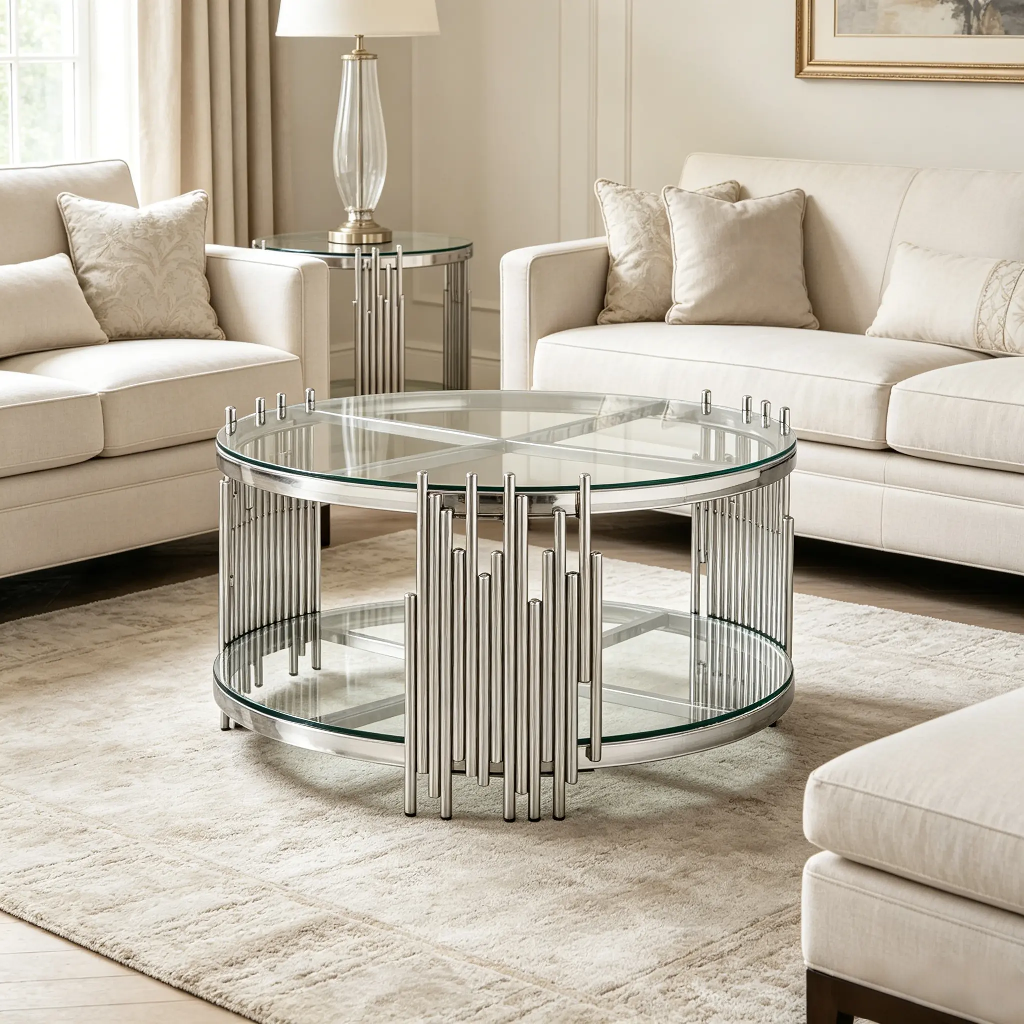 Modern Round Coffee Table with Storage,31.5 Inch Circle Center Table with Clear Tempered Glass Top,Luxury Silver Stainless Steel Frame,2 Tier Storage Design,Minimalist Accent Table for Living Room Apartment,Contemporary Home Furniture for Indoor Spaces