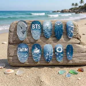 jasonj.nail Ocean Blue Sea Life Press-On Nails, 3D Wave, Starfish and Jellyfish Design, Glossy Marine Gradient, Beach Vacation Aesthetic, Summer Nail Art, Custom Handmade Set