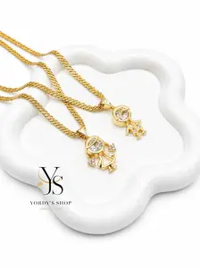 Yordy Thin Cuban Chain with Girl and Boy Pendant Unisex Trendy Cuban Link 14k Gold Plated High Quality Necklace
