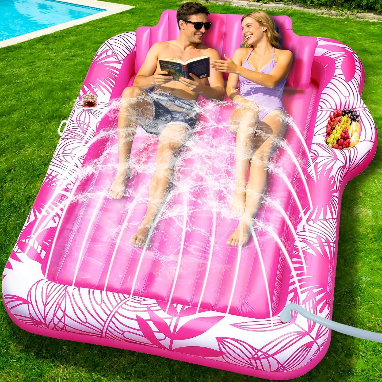 6-in-1 Inflatable Pool Lounger for Adults, Extra Large 83" x 60" Water-Filled Tanning Float with Built-in Sprinkler, Pillow Holder, Drink Holder, Inflatable Pool Floaters for Swimming Recreation