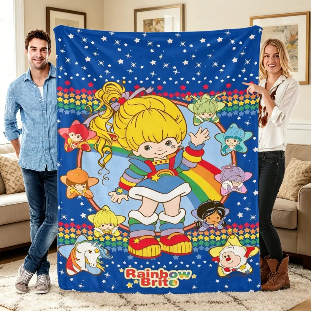 Rainbow Brite Starry Sky Printed Fleece Blanket - 80s Retro, Nostalgic Cartoon Art, Cozy, Soft Flannel Fleece, Decorative Sofa Blanket, Rainbow Magic, Ideal Kids Gift for Retro Lovers