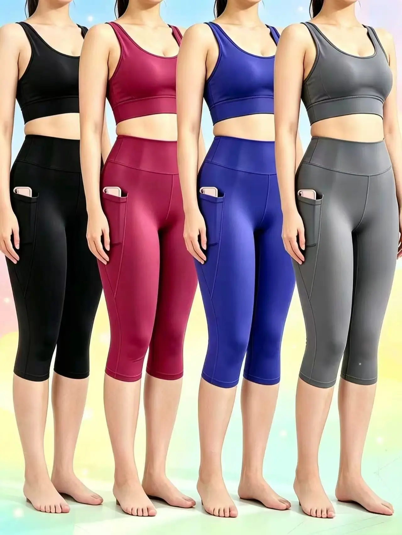Spring Summer 4 Pack Athleisure Women High Waist Capri Yoga Pants Quick Dry Walking Training Fitness Leggings with Phone Storage Pockets legs ribbed aligns seven-inch local shipping daily sport polyester