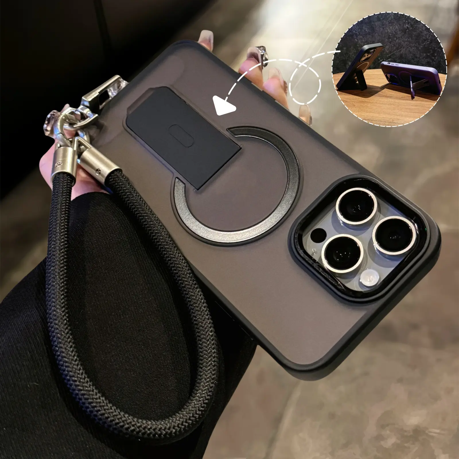 Nylon Lanyard Magnetic Handheld Folding Bracket Phone Case - Silicone Soft TPU Shockproof Casing for iPhone 16 Pro Max, 15, 14, 13 Smartphones & Cellphone Devices, Smartphone, Accessories