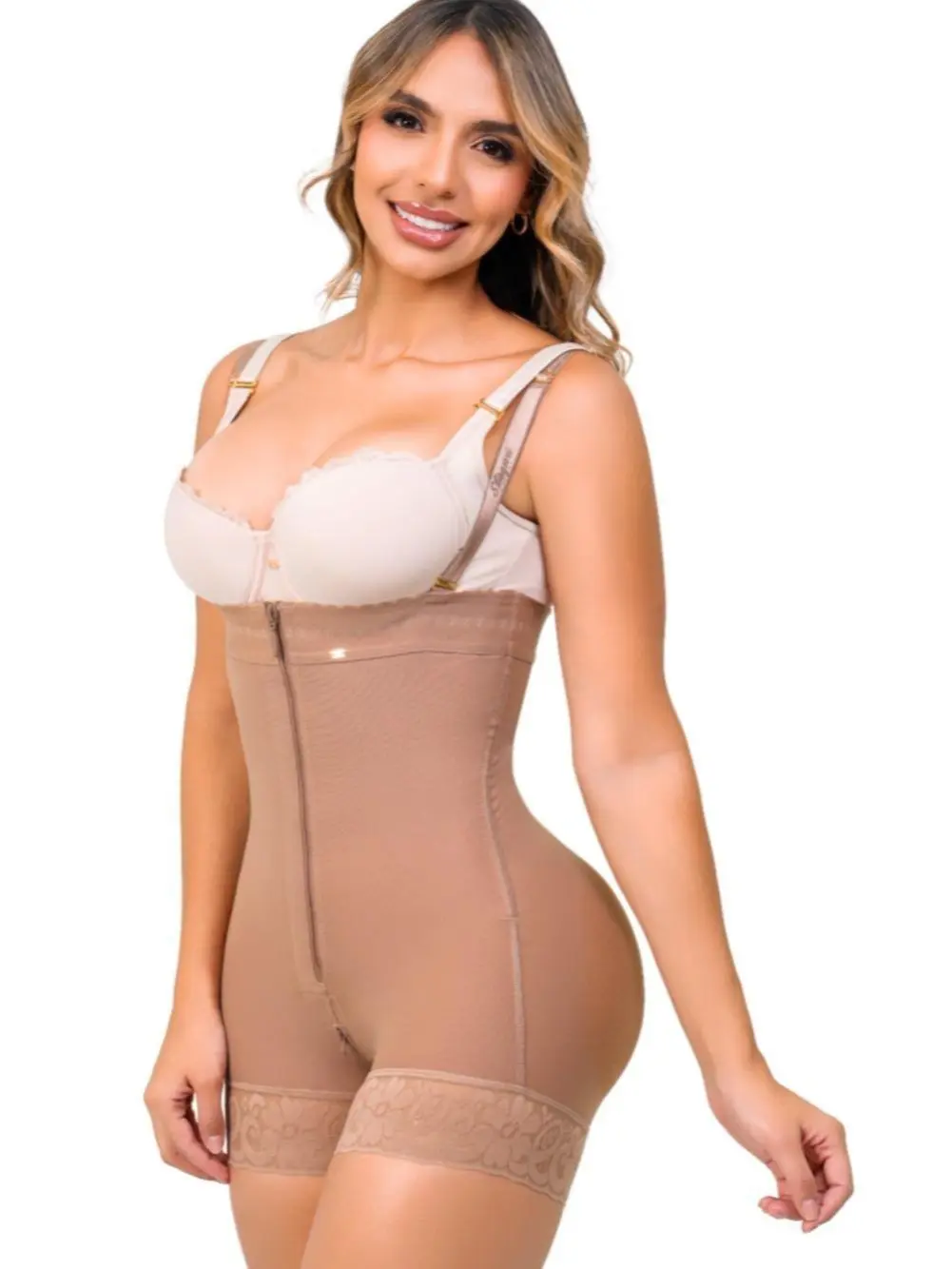 Stagmi SMI7151 Strapless Colombian Faja Body Shaper, Short-Cut Tummy Control Shapewear, Hidden Front Zipper, Anti-Roll Fit, Removable Side Support, Free Matching Thong, Lightweight, Fitted, Basic, Everyday, Soft, Strapless Shapewear, Elastane, Fabric, Bre