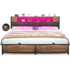 Homieasy King LED Bed Frame with LED Light & Charging Station, Smart Bed with Upholstered Headboard and Storage, Luxury Cool Bed Frame, Rustic Bed