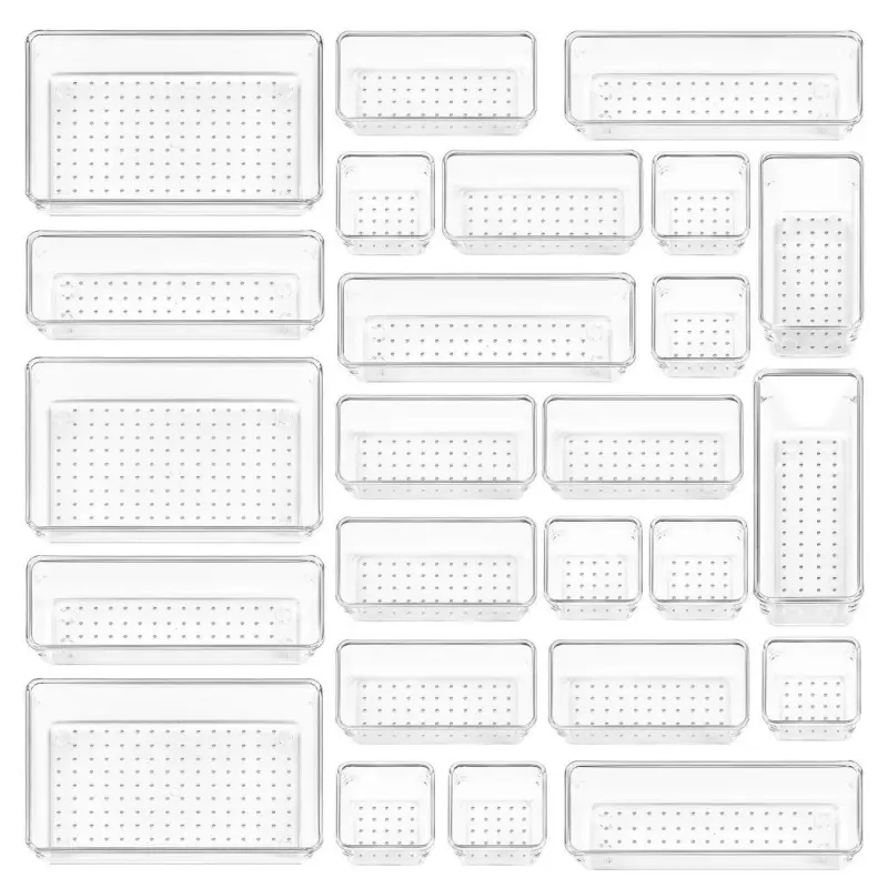 25 PCS Clear Plastic Drawer Organizers Set, 4-Size Versatile Bathroom and Vanity Drawer Organizer Trays, Storage Bins for Makeup Boxes-L