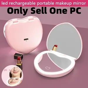 1PCS heart-shaped pocket mirror with 2x magnification LED travel makeup mirror with three color adjustable lighting, foldable small mirrors for wallet, Valentine's Day gift, women's gift