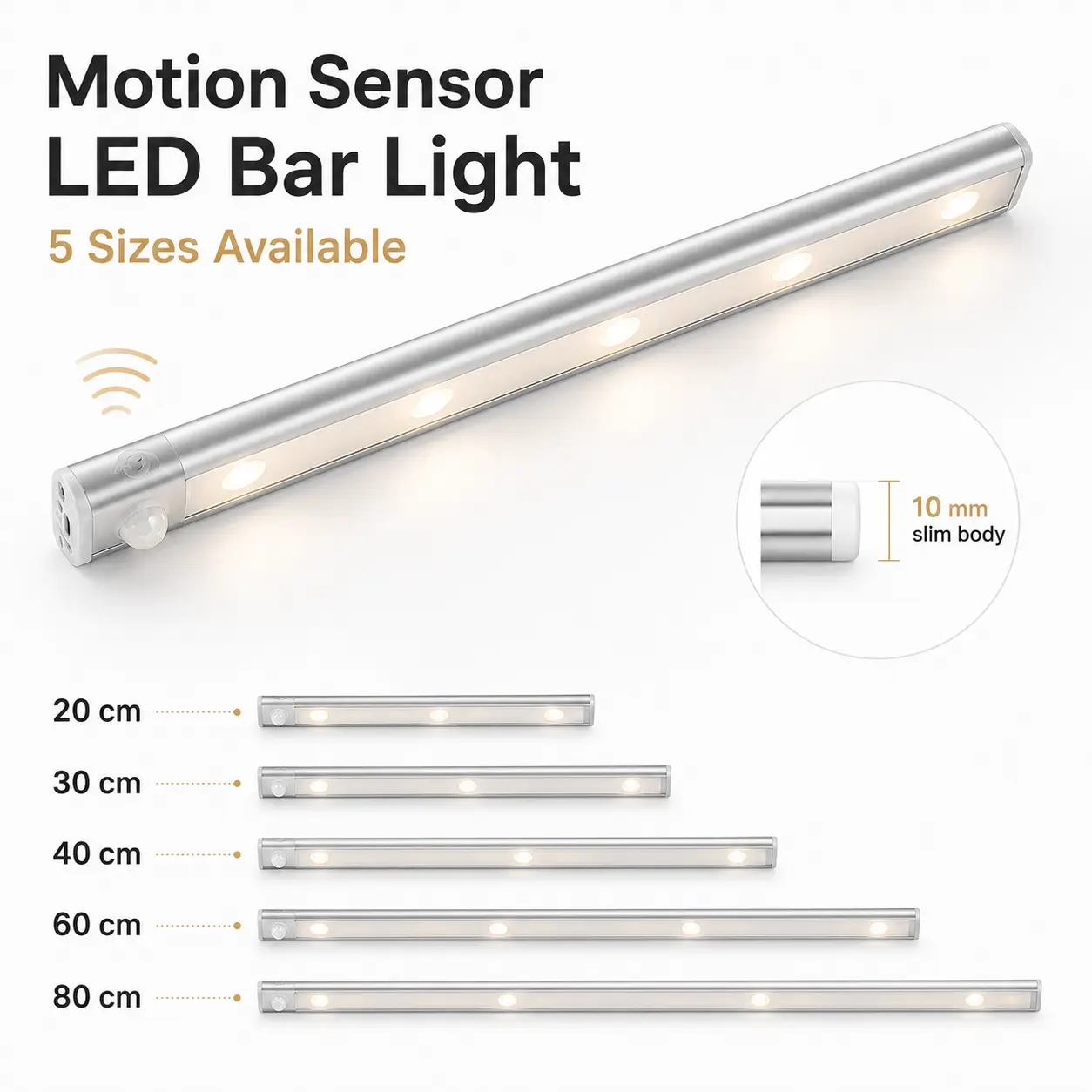 600mm Rechargeable Motion-Sensor Under Cabinet LED Light Bar, 3-Color Dimmable Magnetic Stick-On Night Light, USB-Powered Indoor Lighting for Kitchen Cabinet, Wardrobe