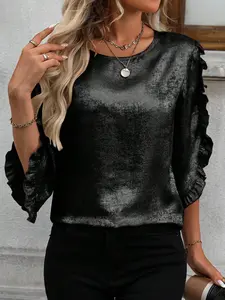 Women's Casual Vintage Ruffle Sleeve Glossy Fabric Shirt, Casual Ruffle Blouse, Commuter Wear, Retro Style, Perfect for Daily Use, Comfortable and Stylish