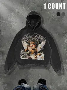 Y2K Style Angel & God Bless Print Hoodie, Washed Cotton Streetwear Sweatshirt for Autumn Winter, Casual Fashion for Men Women
