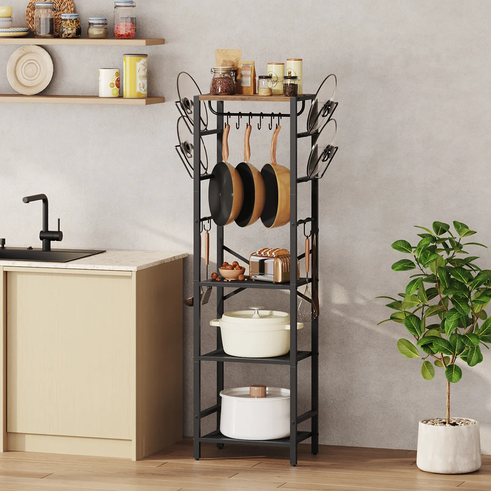 MAHANCRIS 4-Tier Pot Rack, Pots and Pans Organizer for Kitchen, Lid Organizer Rack with U-Shaped Lid Holders, Kitchen Storage Shelf for Standing Cookware, Rustic Brown and Black #SummerVibes#DealsforYouDays #SummerGarden