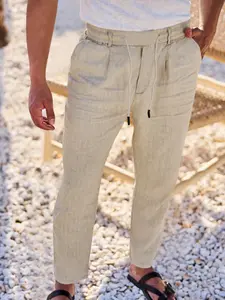 Men's Loose Casual Linen Pants, Drawstring Plain Solid Color Hip Hop Beach Sports Wide Leg Long Pants, Comfortable Versatile All Season Wear, Casual Comfy Loose, Casual Fitted Pants