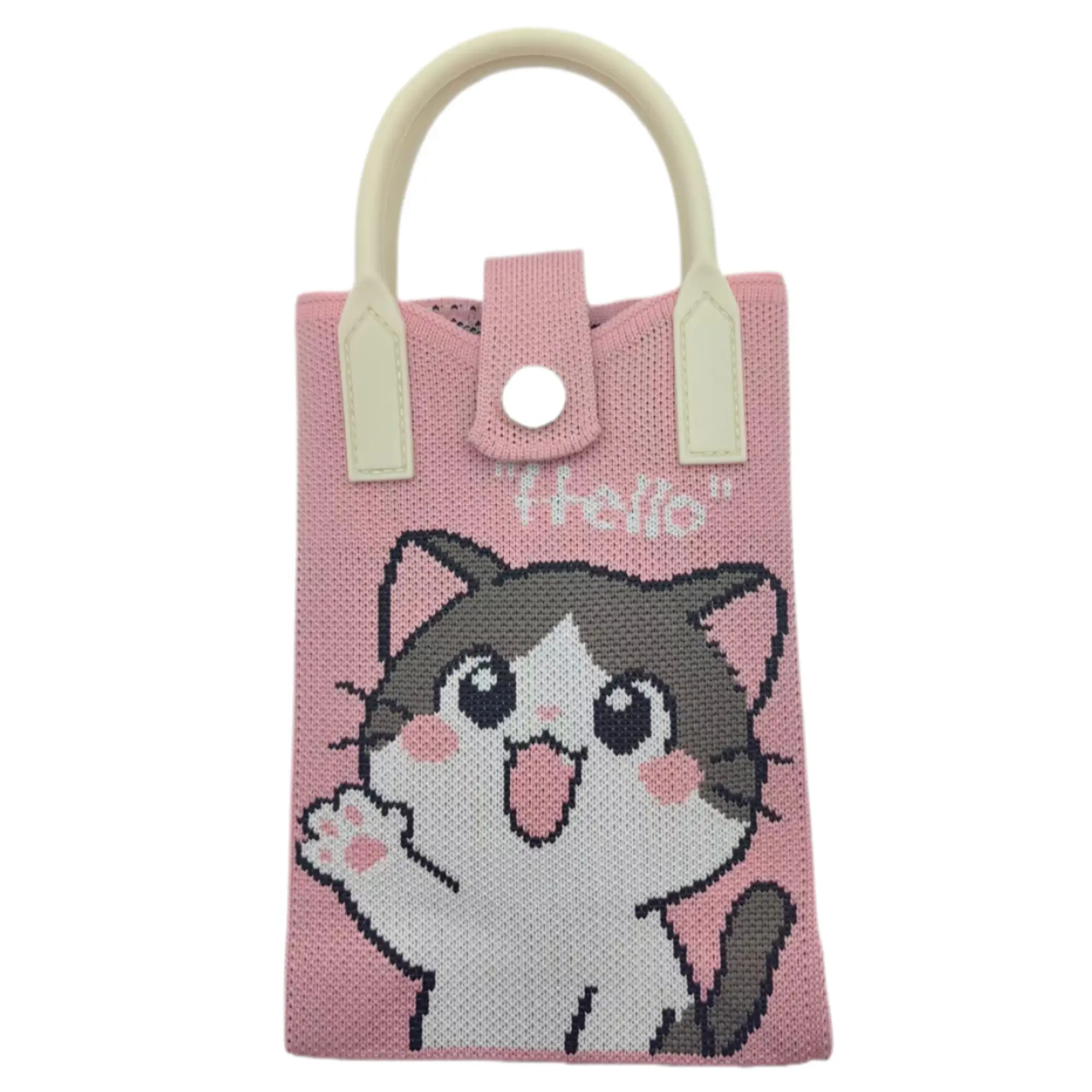 Cute Cat Phone Tote Bag Mini Knit Crossbody Bag Women Small Handbag with Shoulder Strap 4.72 x 7.09 x 1.97 inches Practical Crochet Pouch for Cell Phone Keys and Lipsticks