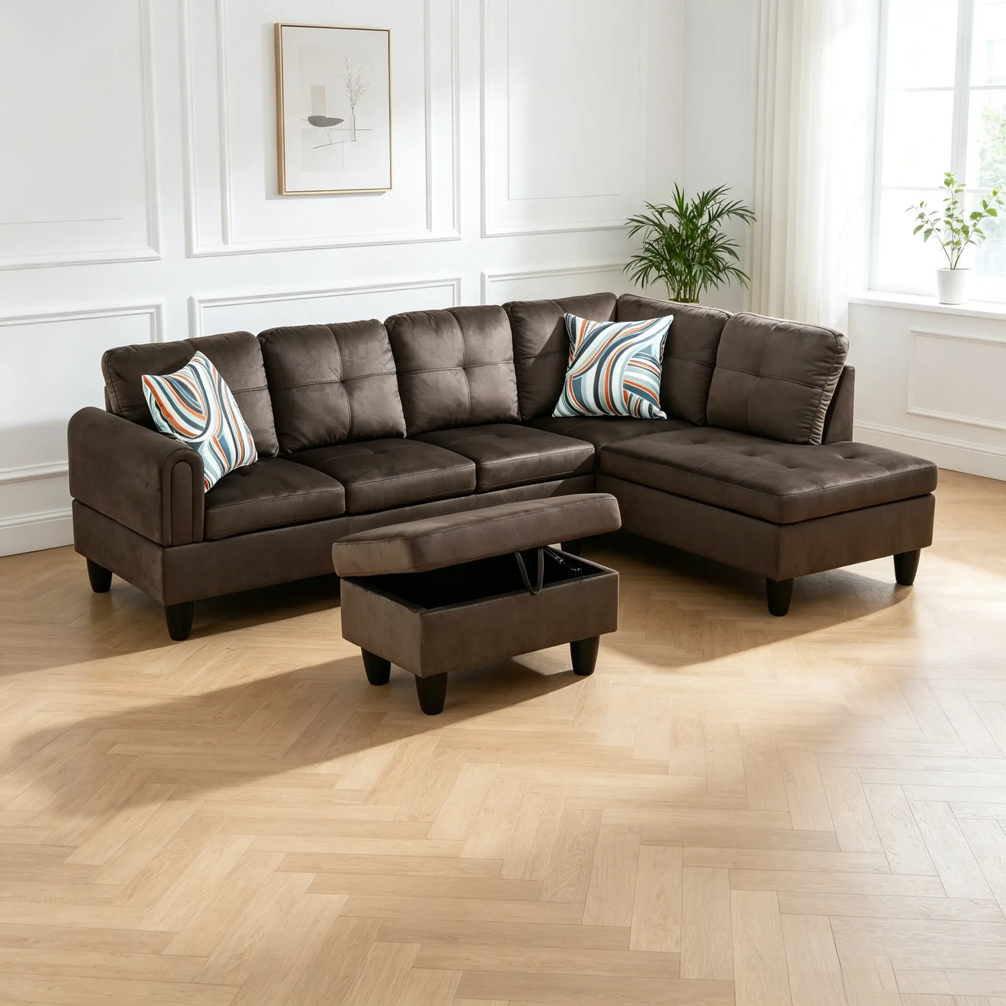 Dark Brown Traditional 3-Piece Flannel Sofa Set - Sturdy Frame, Cotton Flannel Fabric, Cushion Back, Extra Warmth, Extra Softness, Assembly Required, Daily Household Use, Flannel Sofas Set