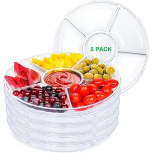 5 Clear 6 Sectional Round Veggie Platters and Trays - Reusable Plastic Divided Appetizer and Fruit Platter - Vegetable Snack Tray - Food Storage Containers for Party, Picnic, Buffet