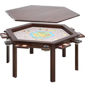 Solid Wood Hexagonal Board Game Table for 4-6 Players, Convertible Dining & Gaming Table with Removable Top, Multi-Function Poker & Card Game Table for Home Game Room, Includes Play Mat, 6 Detachable Cup Holders & Dice & Hobby Trays