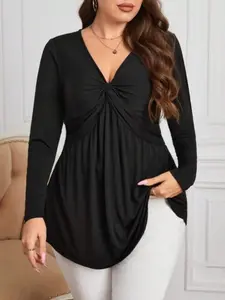 【Plus Size】 Solid Twist Ruched V Neck Tee Top, Casual Basic Long Sleeve T-shirt Fit for Fall & Winter, Women's Clothing for Daily Wear