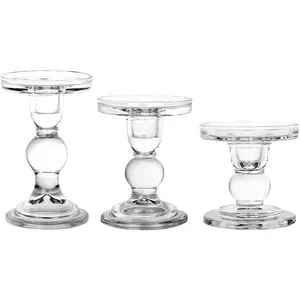 3-Piece Set of Glass Candlestick, Crystal Candlestick Holder Holder and Conical Candle, Christmas Candle Holder Decoration, Family Living Room Wedding Candle Holder (Clear)