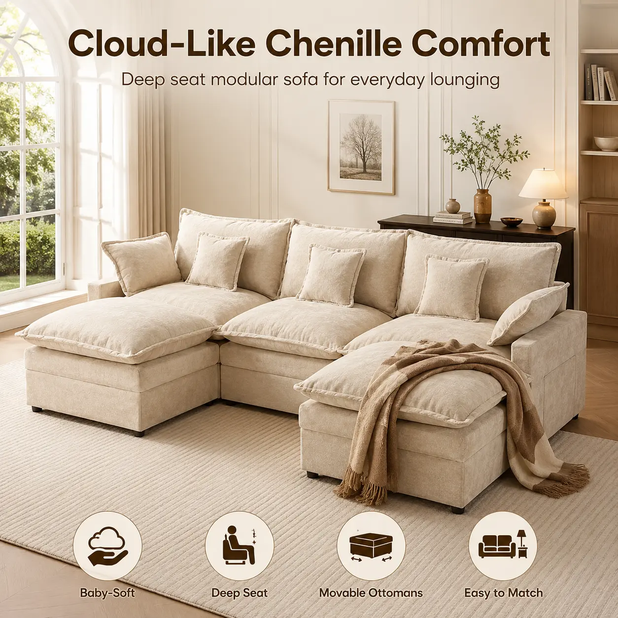 108" U-Shaped Modular Sectional Sofa, Oversized Chenille Cloud Couch with 2 Ottomans, Deep Seat 5-Seat Sofa with 5 Pillows for Living Room, Bedroom and Apartment
