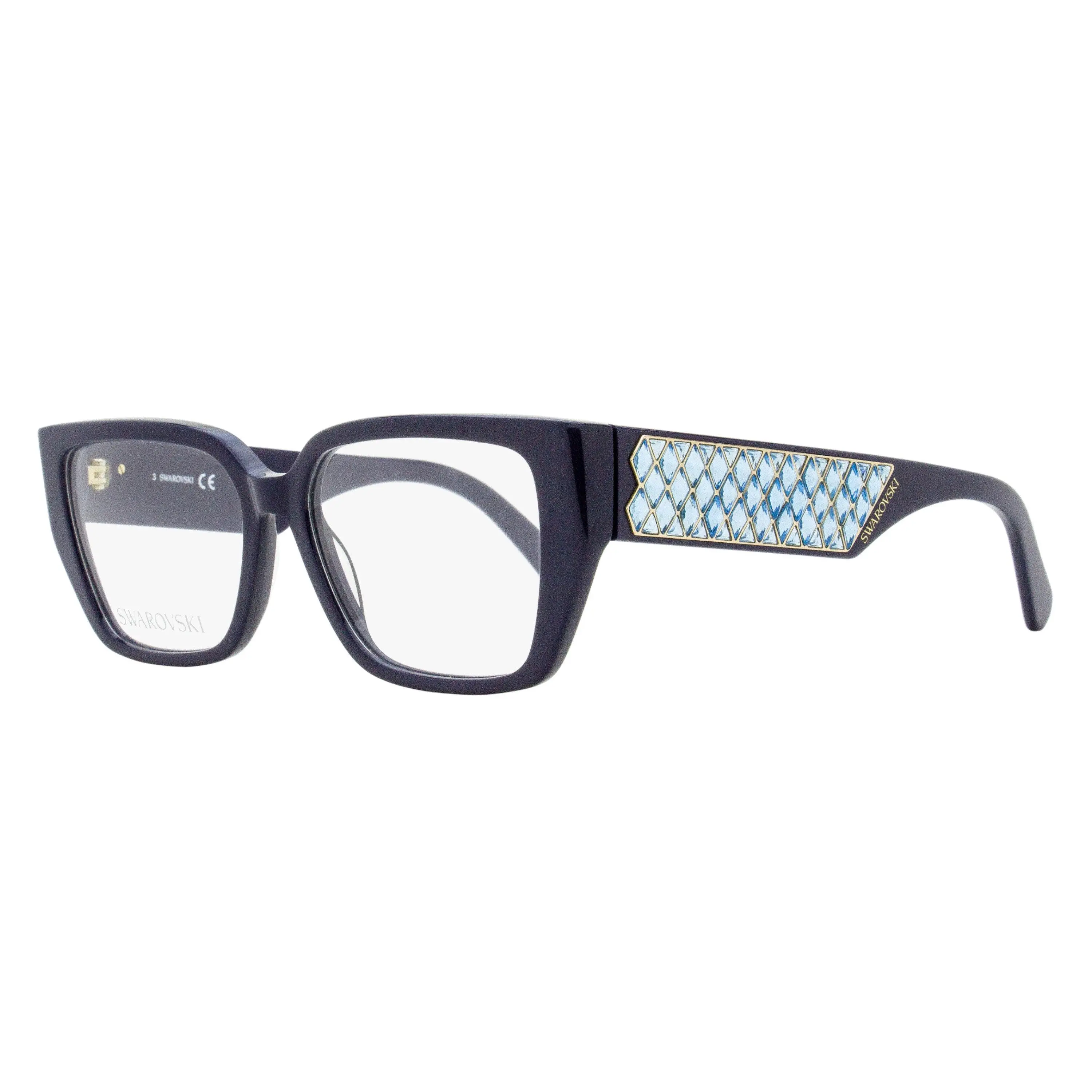 Swarovski Women's Lattice Rectangular Eyeglasses SK5446, Acetate Optical Frame with Opulent Crystal Panel Temples, Dark Blue 54mm, Demo Lens, Luxury Wear, Crystal Panels