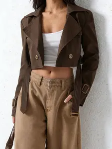 Women's American Style Punk Workwear Short Top, Waist Cinch Tie Design, Exposed Belly Turn-Down Collar Long Sleeve Jacket