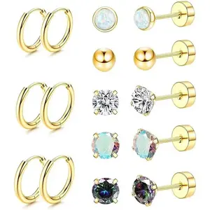 8-Piece Flat Back Earrings for Women Surgical Steel Earrings for Sensitive Ears Hoop Stud Cartilage Tragus Piercings