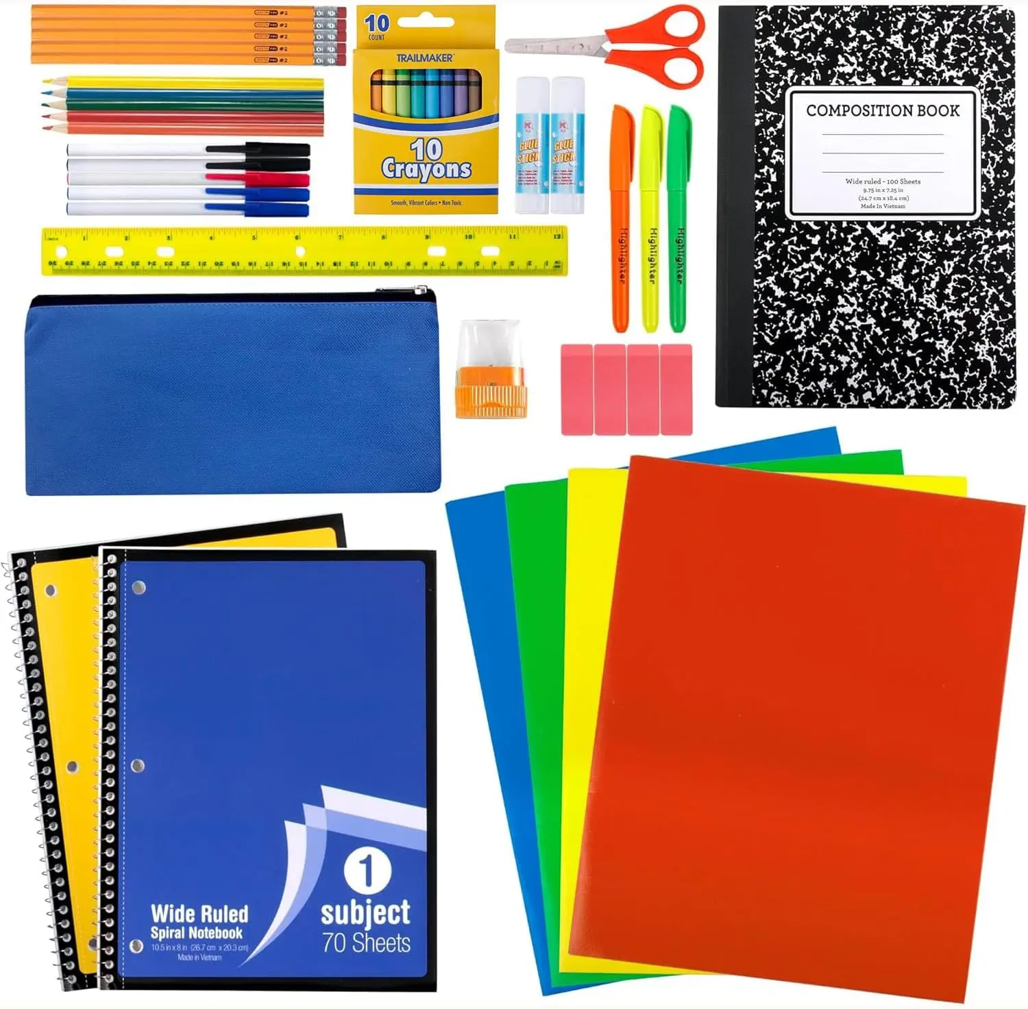 45-Piece School Supplies Kit for Kids, Back to School Essentials, K-12 Classroom Supply Set with Notebooks, Folders, Pencils, Pens, Crayons, Scissors & Pencil Case