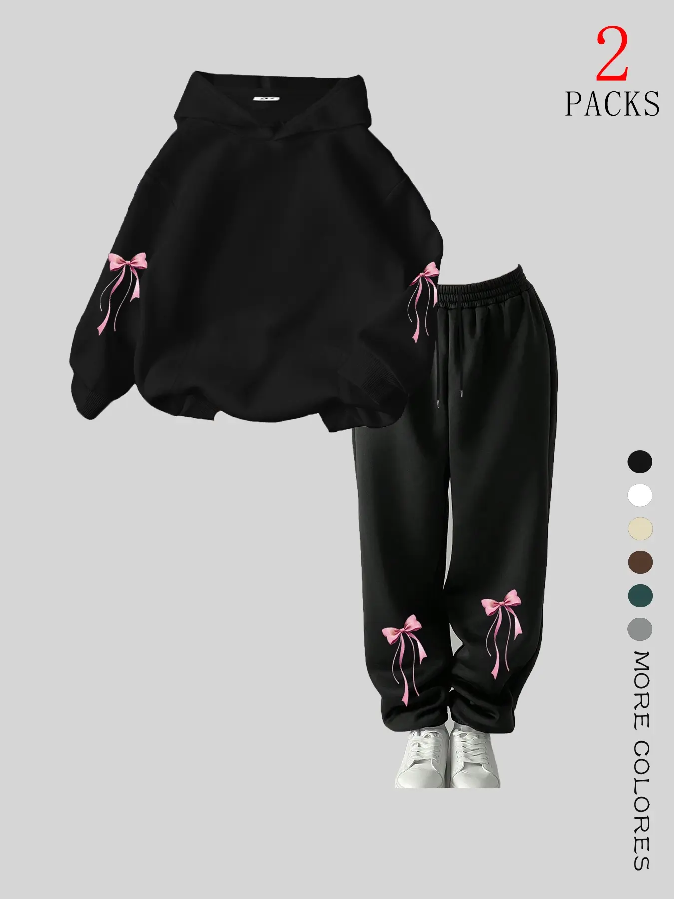 Women's Casual Hooded Sweatshirt Set, Fall & Winter Fashion, Loose-Fit Thicken Fabric, Warm Pocket Joggers, Stylish Bow Design