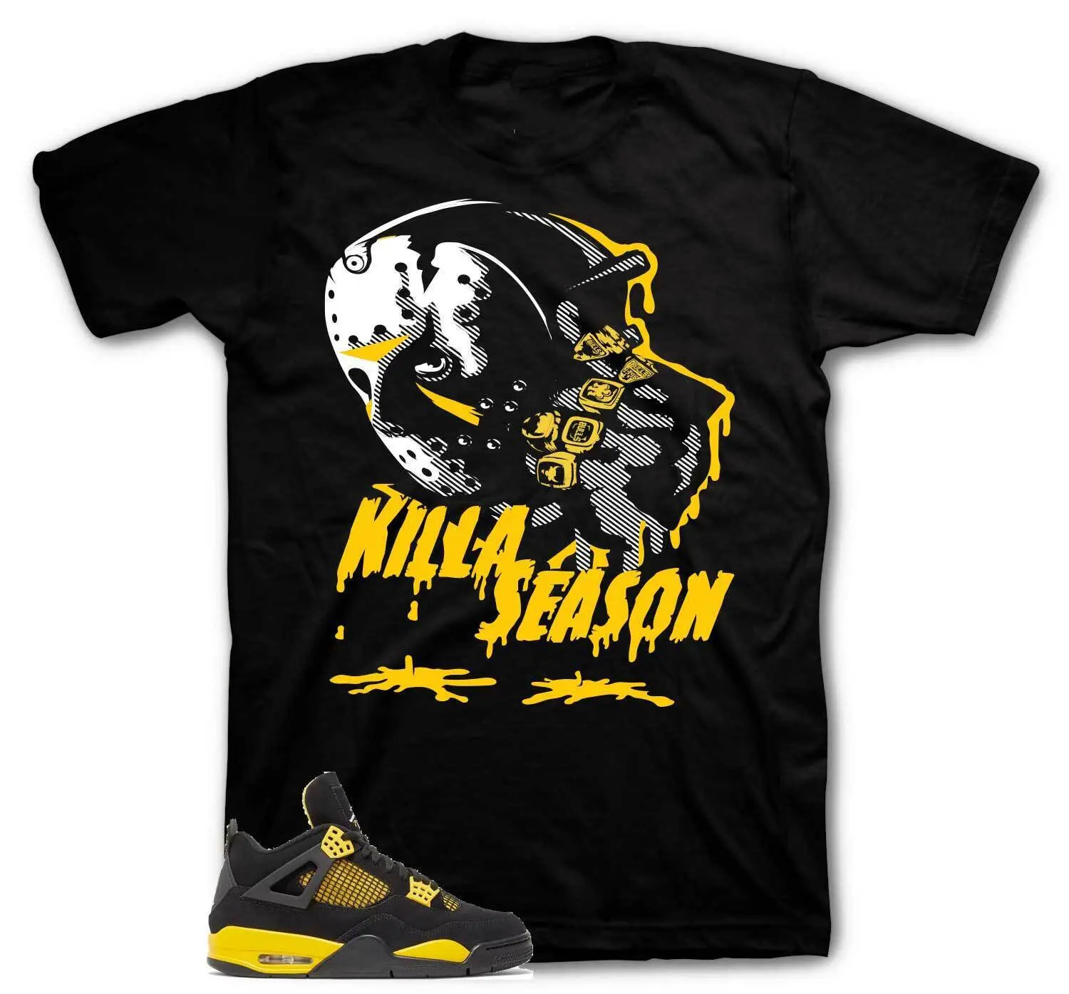 Shirt To Match Jordan 4 Thunder Tour Yellow Shoes - Killa Season Tees Cotton Casual Crew Neck V-Neck Plain Floral Striped Black Slim-fitting Menswear Top 3000 BC clothes