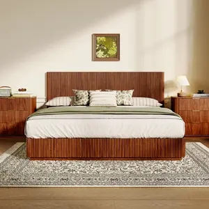 King Size Platform Bed Frame Headboard and LED Lights, Modern Wooden Corrugated Curved Lines, Convex Groove Board Design, Walnut.