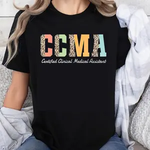 100% Cotton Ccma Certified Clinical Medical Assistant Leopard Print Colorful Letters Fun Work Gift For Medical Professionals T-Shirt