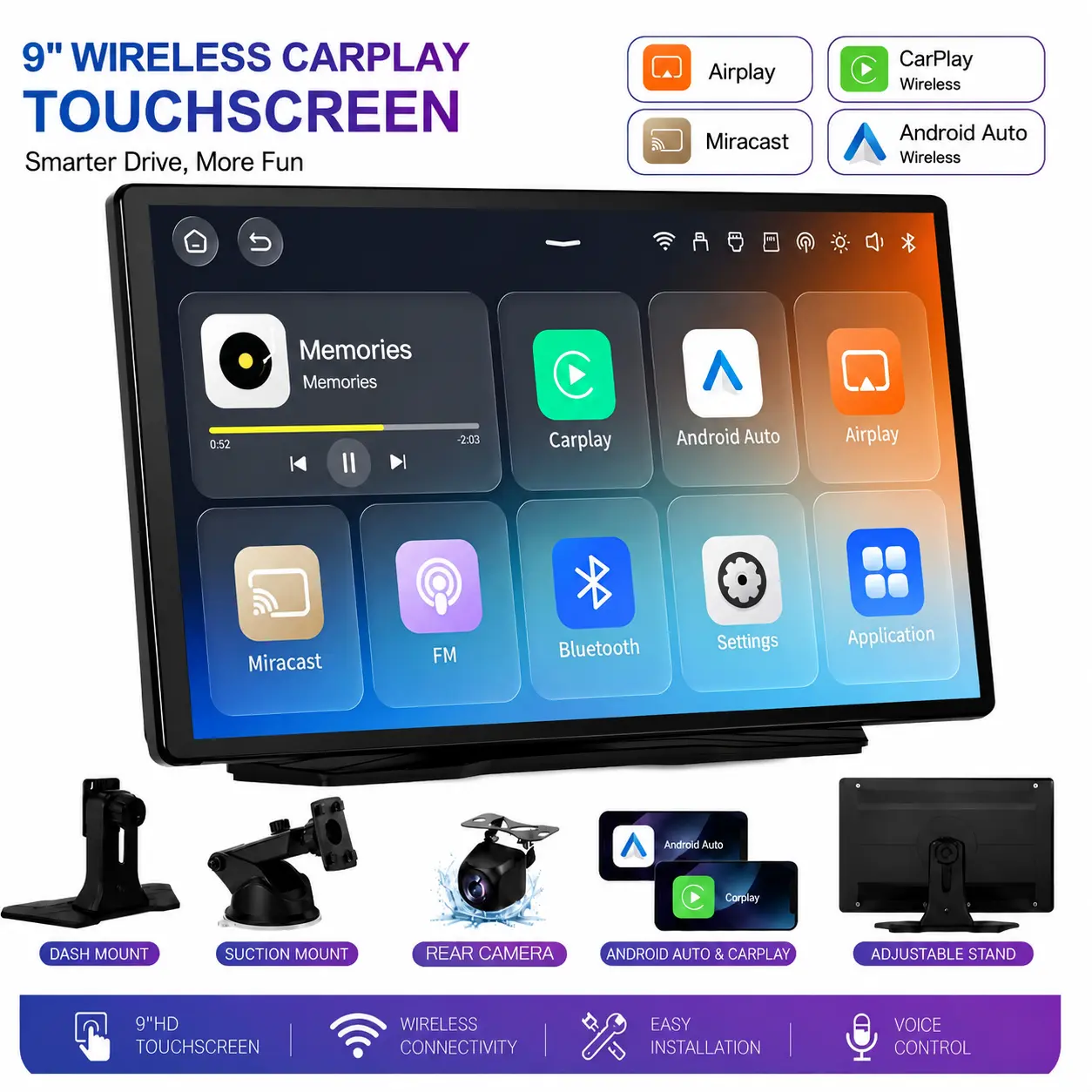 【YMQ】2026 Upgraded Wireless CarPlay Screen: 9-inch IPS touchscreen and supports CarPlay, Android Auto, and Mirror Link(Simulcasting to TikTok and YouTube)/rearview camera/navigation functionality/and a voice assistant/user tutorial