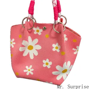 Pink Daisy Knit Mini Tote Bag - Floral Bucket Handbag for Women, Cute Spring/Summer Everyday Purse