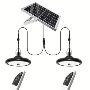 Solar pendant lights with motion sensors, one-drive-two design with double lamp heads and dual remote controls, IP65 waterproof solar shed lights featuring multi-mode dimming function. They deliver soft eye-friendly light and are suitable for lighting ind