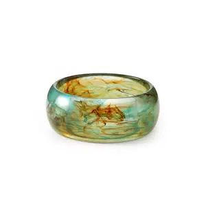 Viva Joya Round Resin Acrylic Bangle Bracelet for Women Teen, Statement Chunky Wide Plastic Bangle Bracelet, Geometric Marble White Browrn Teal Jewelry Gift
