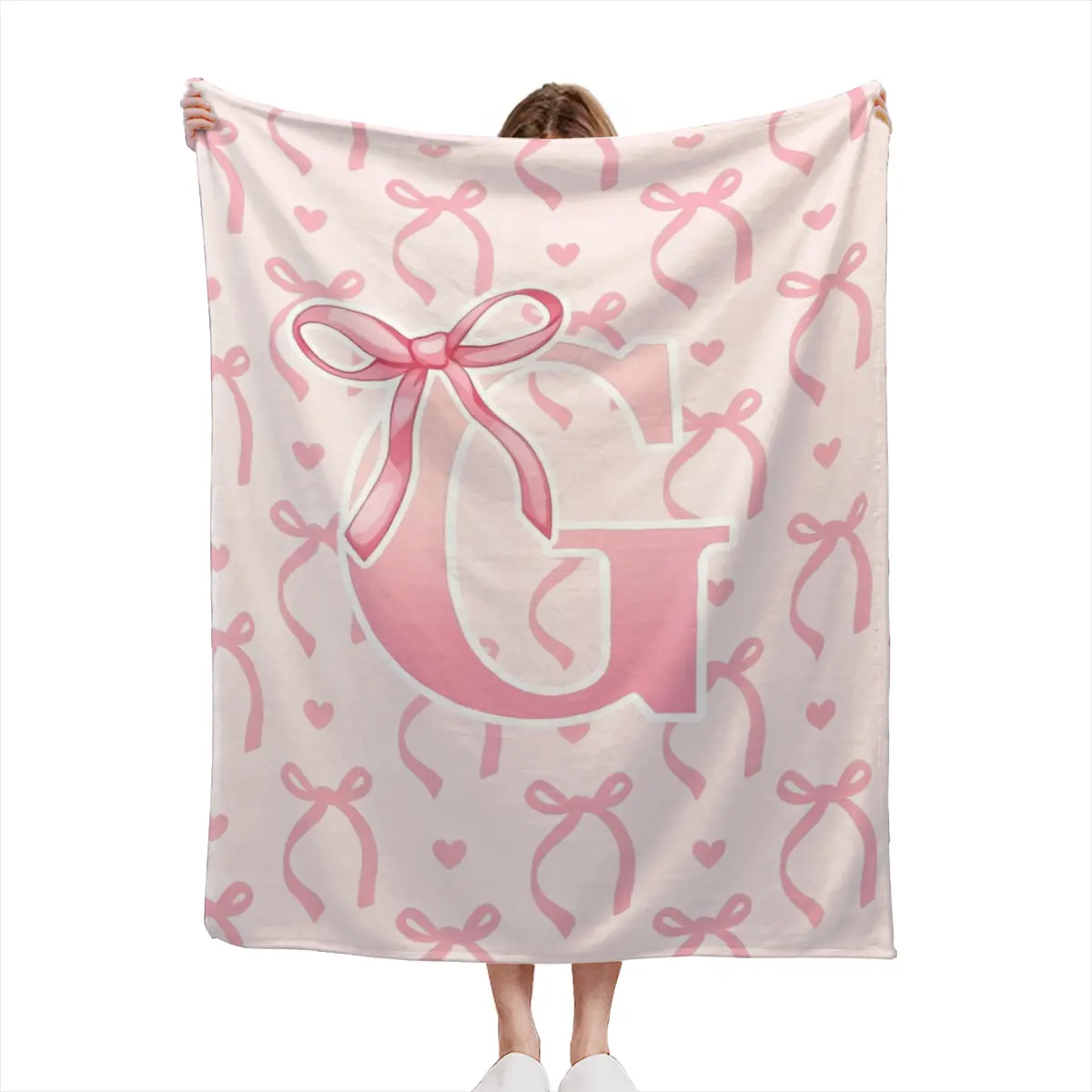 Coquette Pink Bow Initial G Throw Blanket, Monogram Letter G Flannel Blanket, Soft Cute Girly Aesthetic Decor Blanket, Personalized Gift for Women