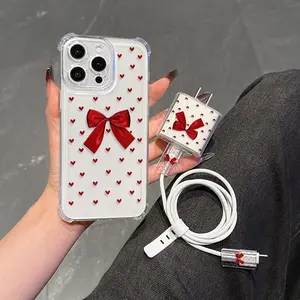 5 Piece Set Transparent Heart Bow Phone Case, Charger Head Cover, Cable Protector, Storage Rope, Anti-Drop Tpu Case for iPhone 6-17 Pro Max