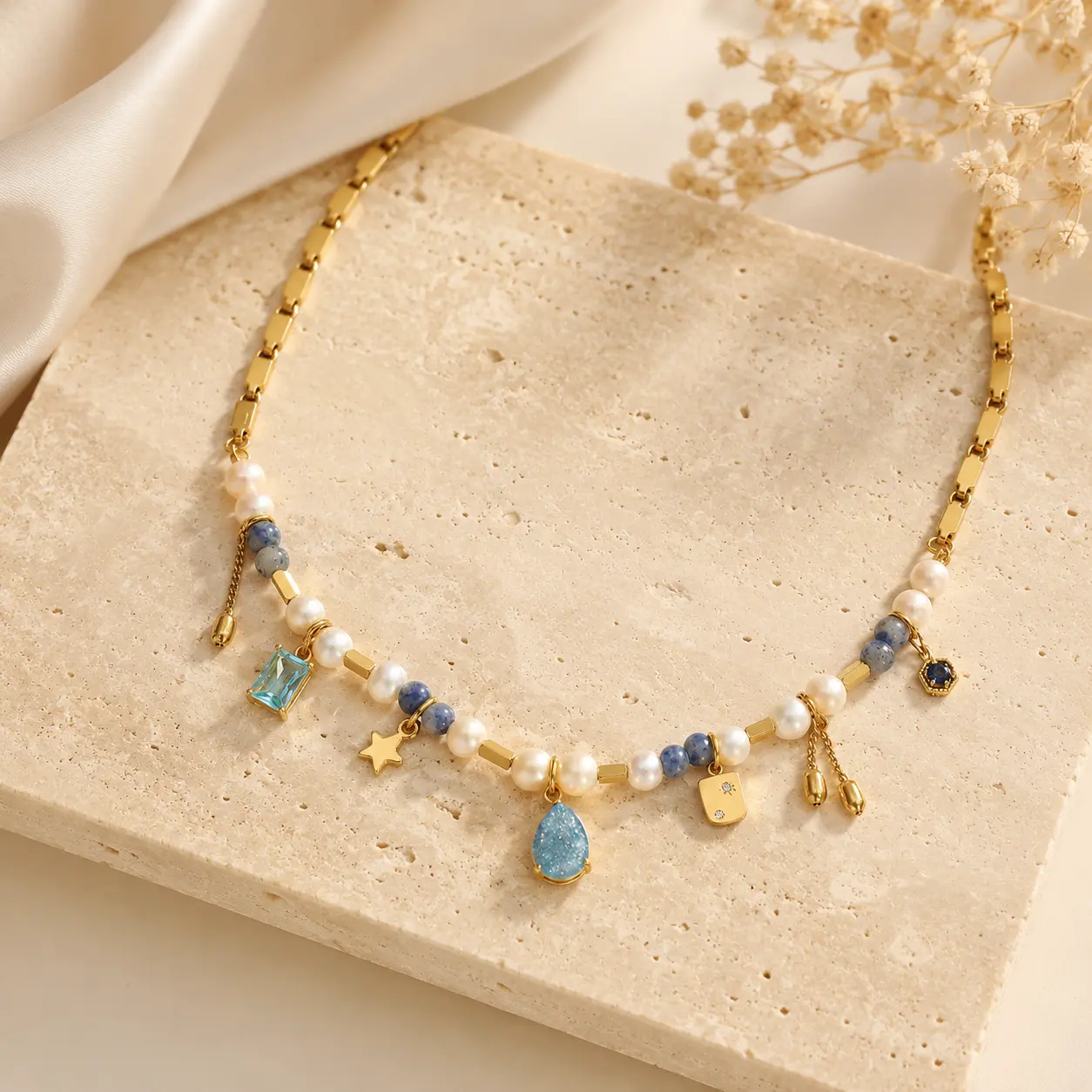 Metora Celeste Mixed Freshwater Pearl & Natural Stone Charm Necklace for Women, Gold Tone Geometric Pendant Jewelry