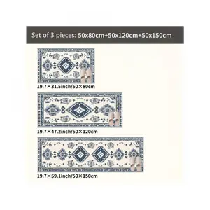Blue and white retro ethnic style kitchen carpet 3-piece set niche art texture infuses retro ritual feeling for kitchen space non-slip easy to clean and also released