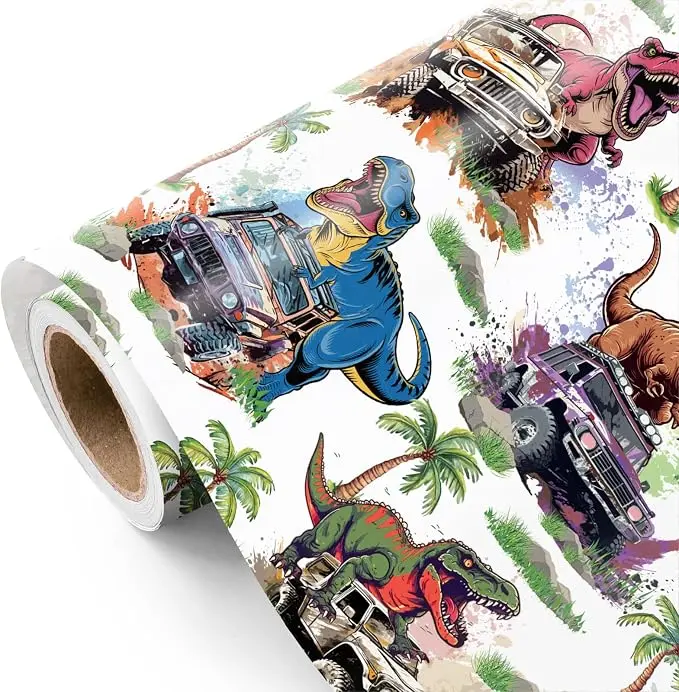 WRAPAHOLIC Monster Truck Dinosaur Wrapping Paper Roll, Kids Birthday Gift Wrap with T-Rex & Truck Design, Perfect for Boys Birthday Party, Dinosaur Theme Gifts & Celebrations, 17 Inch x 9.8 Feet