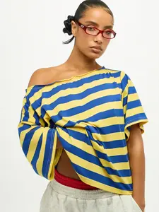 Blue & Yellow Stripe Off-Shoulder Oversized T-Shirt | Y2K Streetwear Aesthetic | Loose Fit Silhouette | Versatile Casual Wear | Perfect for Street Style/Grunge Fans